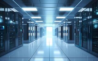 A corridor in a server room with many server racks and a light at the end. AI, photo