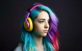Potrait of woman with rainbow hairs listening to music on a dark background. AI, Generative AI photo