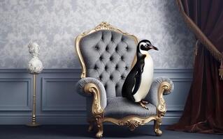 Penguin on a blue baroque chair in a blue room. AI, Generative AI photo