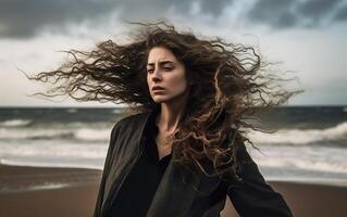 Portrait of a woman on the beach. AI, photo