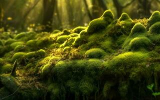 Picturesque wildlife, thick of the forest. Beautiful green moss on the stones and roots of trees photo