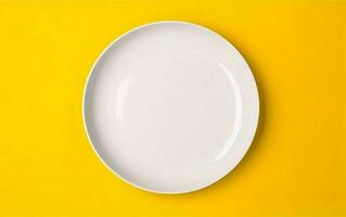 White plate on yellow background. AI, Generative AI photo