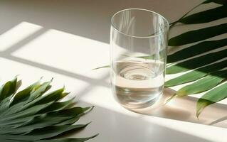 Glass of water on white background with plant. AI, Generative AI photo