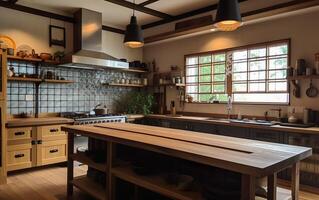 Side view on a wooden table and spacious loft kitchen with vintage decor and wooden cabinets. AI, Generative AI photo