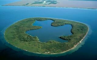 An island with a lagoon in the ocean. AI, Generative AI photo