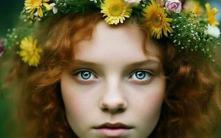retrato de el niña con un guirnalda de flores ai, generativo ai foto