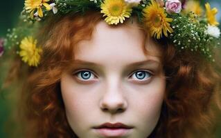 Portrait of the girl with a wreath of flowers. AI, photo