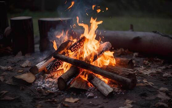 Campfire with logs against the background of the evening forest. AI, photo