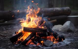 Campfire with logs against the background of the evening forest. AI, photo