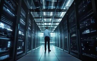 A corridor in a server room with many server racks and a man. AI, photo