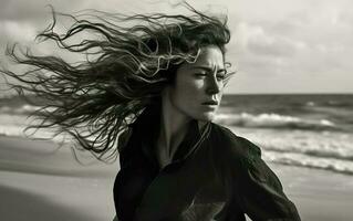 Black and white portrait of a woman on sea background. AI, Generative AI photo