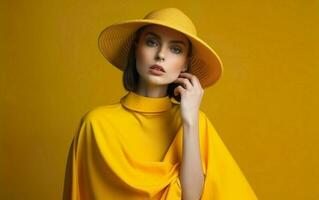 Portrait of a young girl wearing a yellow hat and a yellow poncho on yellow background. AI, Generative AI photo