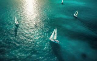 Yachts in the clear azure sea at dawn. AI, photo