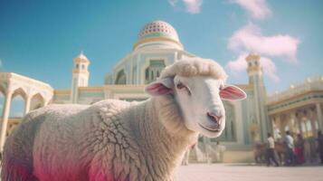 AI Generative Sheep and Mosque on Eid Al Adha with Vibrant Lighting photo