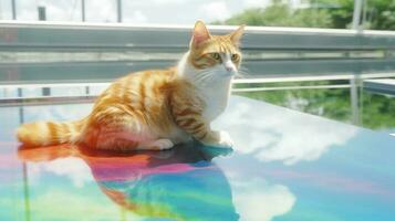 AI Generated Cat Sitting on Reflective Fragile Glass photo