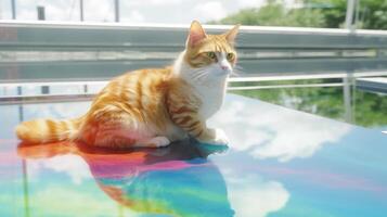 Cat Sitting on Reflective Fragile Glass photo