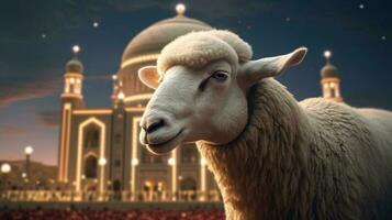 ai generativo oveja y mezquita en eid Alabama adha Noche foto