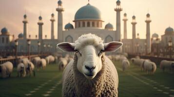 ai generativo oveja con grande mezquita en eid Alabama adha foto