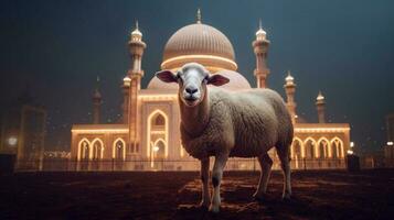 AI Generative Sheep and Mosque on Eid Al Adha Nighttime photo