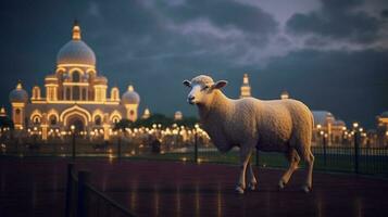AI Generative Sheep and Mosque on Eid Al Adha Nighttime photo