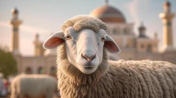 ai generativo oveja y mezquita en eid Alabama adha con dramático Encendiendo foto