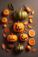 Halloween pumpkins in flat lay style. Halloween decoration concept. . photo