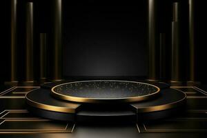 Black Friday banner background with a podium platform black and gold stuff on a dark scene for product stand photo