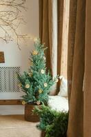 Cozy interior decorated for Christmas in Scandinavian style. Live fir trees decorated with natural ornaments made of dried oranges photo