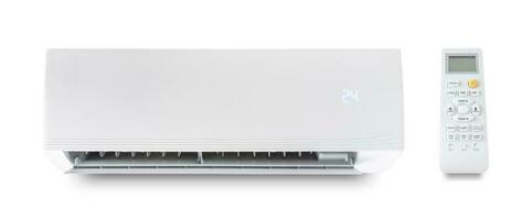 white air conditioner and remote isolated on white wall background. cooling product for in summer. clipping path. photo