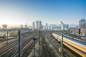 Central train station with the skyline of The Hague, The Netherlands. Jan 21 2023 photo