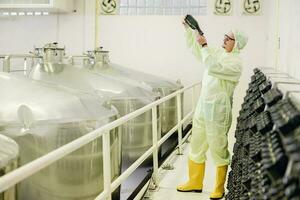 Wine making fermentation bottle Riddling or Disgorging process in wine factory. photo