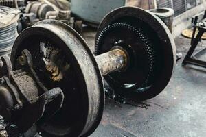 train wheel or rail wheel. old used closeup servicing spare part pair train steel wheels. photo