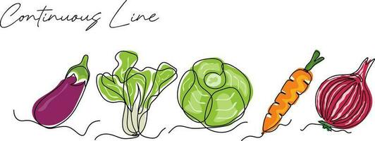 Fresco vegetales continuo línea dibujo conjunto vector