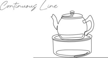 Continuous line drawing of teapot and stove vector