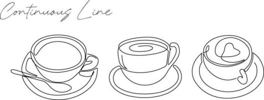 continuous line set bundle cup of coffee white background vector