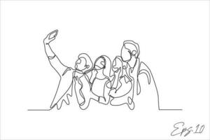 línea vector ilustración de un grupo de personas tomando un selfie
