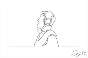 continuo línea Arte vector ilustración de un chico escuchando a música con un auriculares