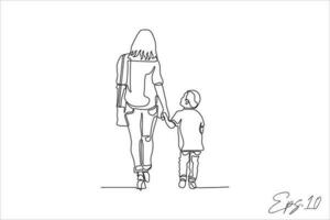 continuous line vector illustration child and mother