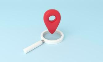 3D Location on Magnifying Glass with pointer sign. photo