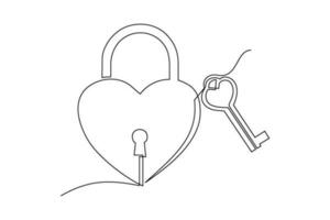 continuous line art drawing of a padlock with a love shape key vector