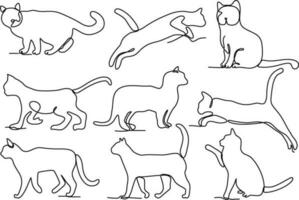 line drawing continuous bundle set of cats vector illustration