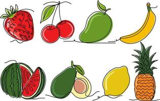 línea dibujo continuo haz conjunto de Fresco Fruta ilustraciones vector