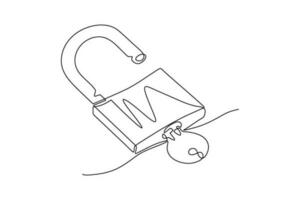 continuous line art drawing of padlock with key vector