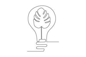 continuous line art drawing of light bulb and leaf vector