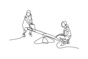 continuous line vector illustration of kids playing on swings