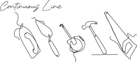 continuous line drawing of builder tools vector