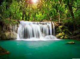 Rainforest waterfall wallpaper, Sunlight shines through the trees, and leaves of a tropical forest, and a waterfall flows into a blue water pond, Waterfall is hidden in the tropical jungle, photo