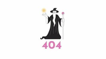 mago magia bw error 404 animación. fantasía hechicero con varilla error mensaje gif, movimiento gráfico. antiguo mago con barba hechizos bola de fuego animado personaje contorno 4k vídeo aislado en blanco antecedentes video
