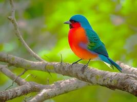 un vistoso pájaro en un antecedentes de naturaleza ai generado foto