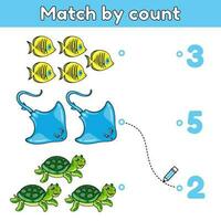 Kids game. Match by count. Math game for children. Count cartoon sea animals and choose correct number. Educational counting task for preschool and school. Cute stingrays, turtles and fishes. Vector. vector